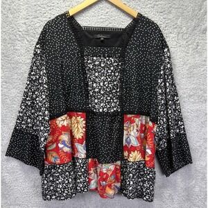 Calessa 2X Black Red Floral Polka Dot Patchwork Boho Lace Trim Bell Sleeve Top